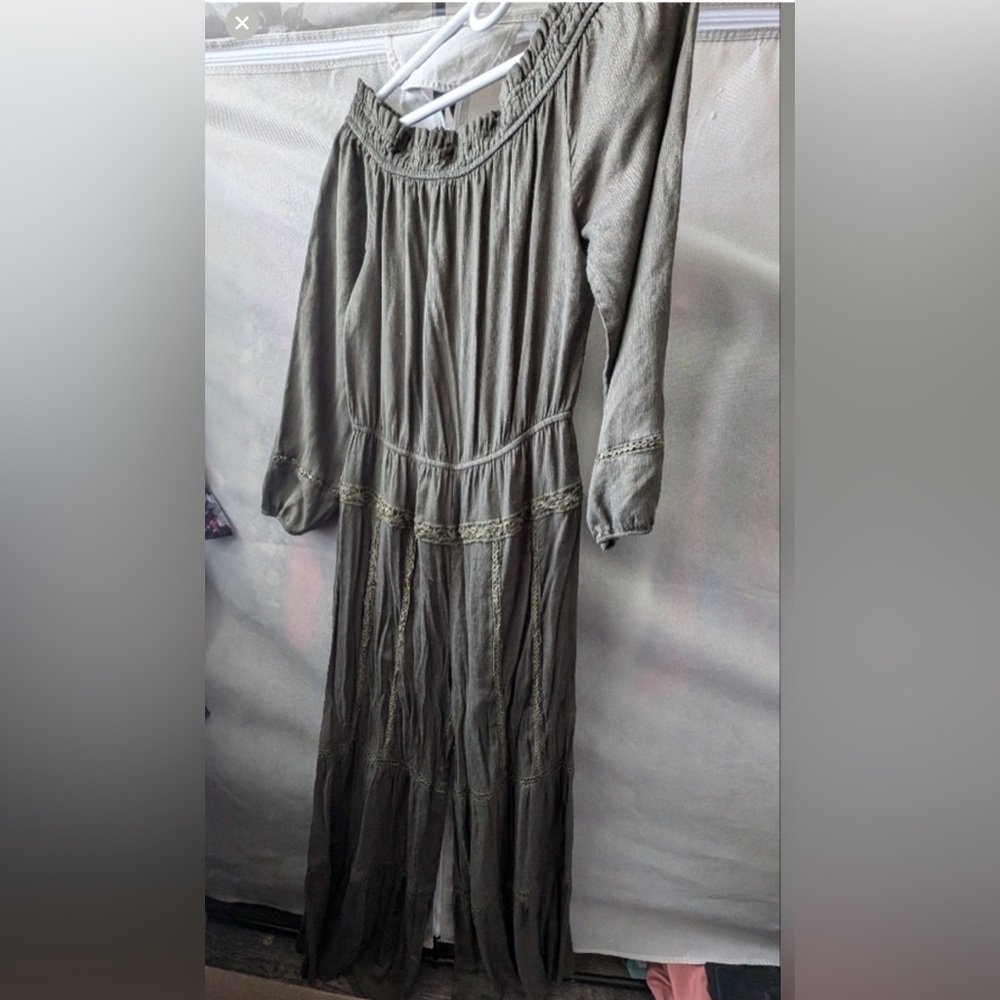 Hommage Olive Green Off-Shoulder jumpsuit.